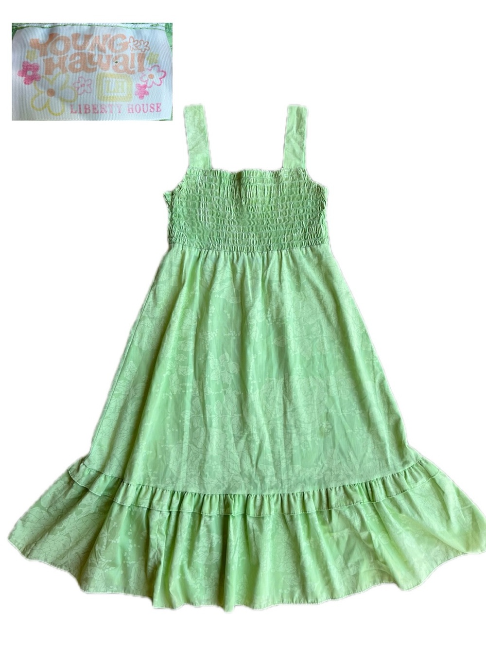 VTG Young Hawaii x Liberty House Green Aloha Hawaiian Beach Dress Girls Sz L 70s